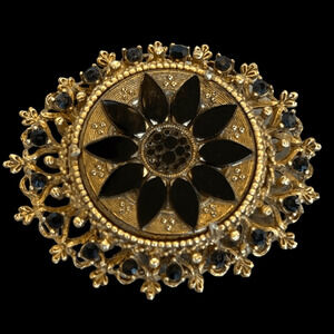 Vintage Florenza Signed Black Glass and Rhinestone Brooch Gold Tone